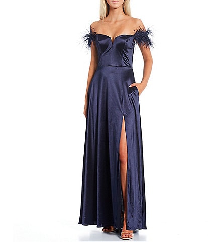 City Vibe Off-The-Shoulder Feather Trim Long Dress