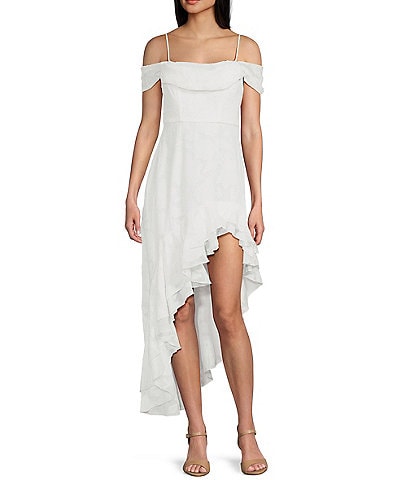 City Vibe Off The Shoulder Ruffled Asymmetrical Hem Midi Dress