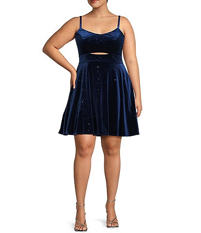 City Vibe Plus Glitter Velvet Front Cut-Out Fit-And-Flare Dress