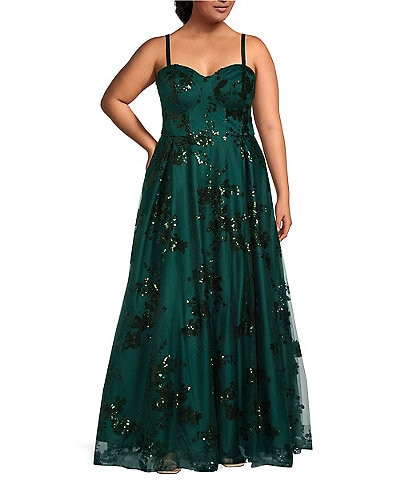 City Vibe Plus Size Embellished Sequin Spaghetti Strap Sweetheart Neck Ball Gown