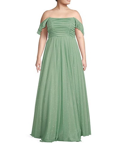 City Vibe Plus Size Off-The-Shoulder Ruched Bodice Long Dress