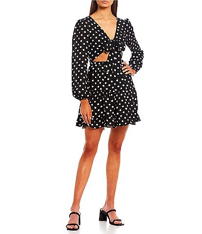 City Vibe Puff Long-Sleeve Tie-Front Cut-Out Dot Printed Tiered Hem Fit-And-Flare Dress