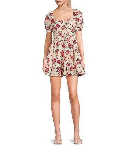 City Vibe Puff Short Sleeve Sweetheart Neck Corset Floral Printed Dress