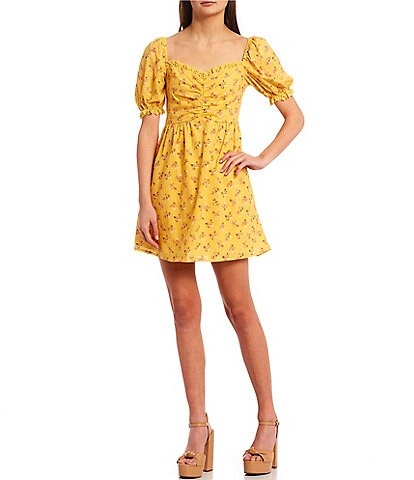 City Vibe Puff Sleeve Sweetheart Neck Ruched Floral Dress