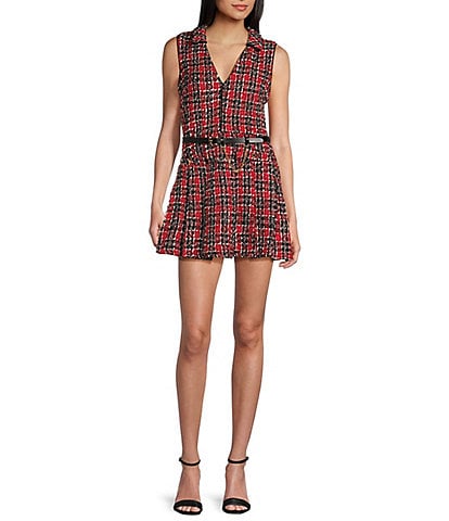 City Vibe Sleeveless Collar Neck Pleated Skirt Plaid Dress