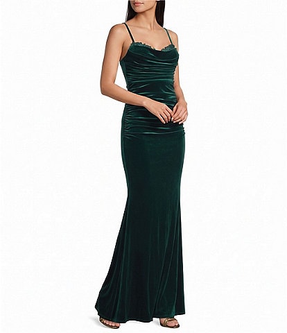 City Vibe Sleeveless Drape-Front Inset-Applique Long Dress