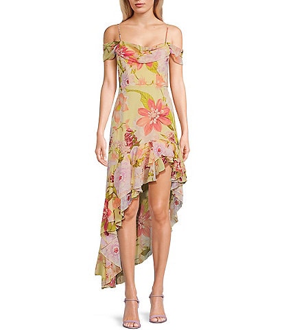 City Vibe Sleeveless Ruffle Floral Printed Hi-Low Asymmetrical Dress
