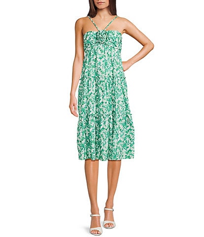 City Vibe Sleeveless Tropical Print Shirred Bandeau Bodice Empire Waist Midi Dress