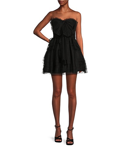City Vibe Solid Strapless Bow Front Tiered Dress