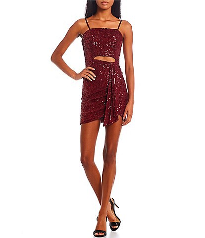 City Vibe Strapless Square Neck Sequin-Embellished Peekaboo Side Tie Sheath Dress
