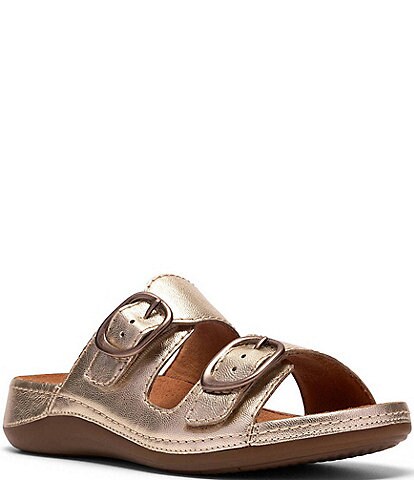 Clarks Cecily Step Metallic Leather Slide Sandals