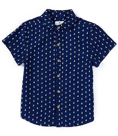 Class Club Big Boys 8-20 Short Sleeve Sailboat Print Button-Front Woven Linen Blend Shirt
