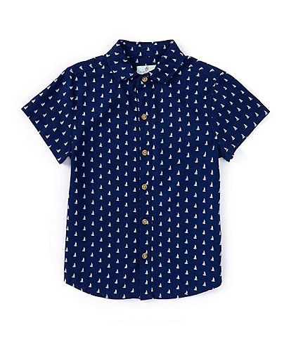 Class Club Little Boys 2T-7 Short Sleeve Sailboat Print Button-Front Linen Blend Shirt