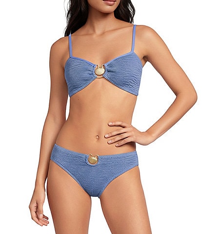 Cleonie Summer Kini Crinkle Gold Shell Solid Detail Swim Top & Queenie Crinkle Gold Shell Solid Hardware Detail Swim Bottom