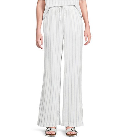Cloth & Stone Linen Blend High Rise Wide Leg Front Drawstring Stripe Crop Coordinating Pants