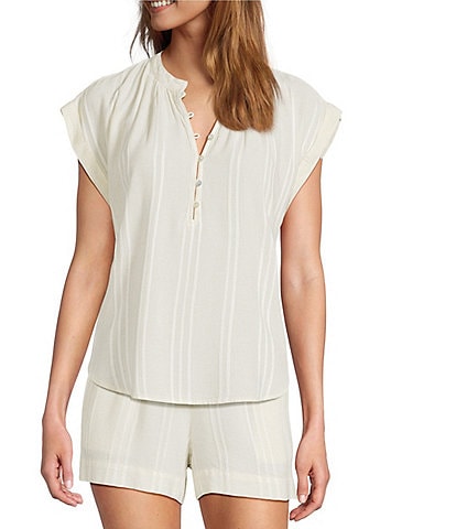 Cloth & Stone Coordinating Linen Blend Knit Stripped Henley Cap Sleeve Pullover