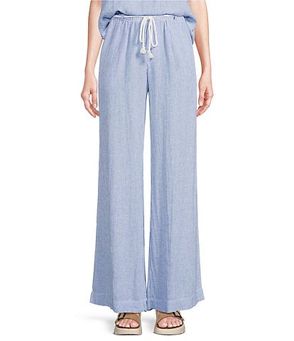 Cloth & Stone Stripe Linen Blend Ruffled Waistband Wide Leg Pants