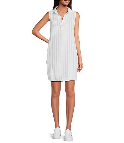 Cloth & Stone Stripe Print Linen Blend Mandarin Collar Short Sleeve A-Line Dress