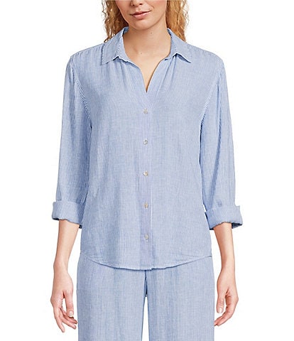 Cloth & Stone Stripe Print Linen Blend Point Collar Long Sleeve Classic Button Down Coordinating Shirt