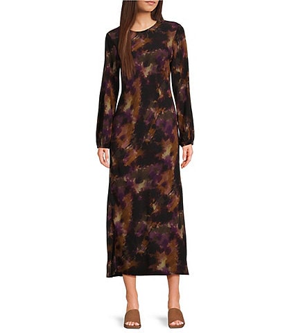 Cloth & Stone Woven Abstract Print Crew Neck Long Sleeve A-Line Hi Low Midi Dress