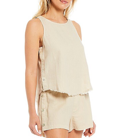 Cloth & Stone Woven Button Side Crew Neck Sleeveless Coordinating Side Fray Top