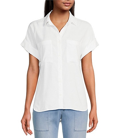 Cloth & Stone Woven Rolled Short Sleeve Point Collar Top
