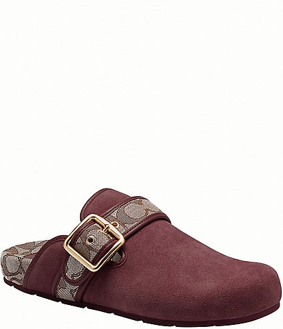 COACH Women's Archival Suede and Signature Jacquard Buckle Hardware Clogs