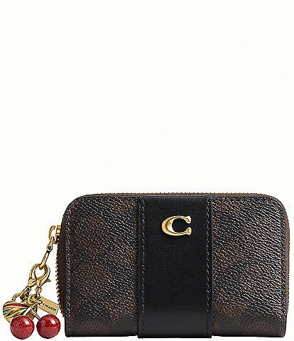 COACH Boxed Essential Small Zip Around Signature Canvas Cherry Heart Charm Card Case Wallet