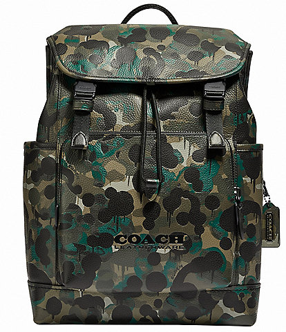 COACH League Flap Camouflage Printed Polished Pebble Leather Backpack