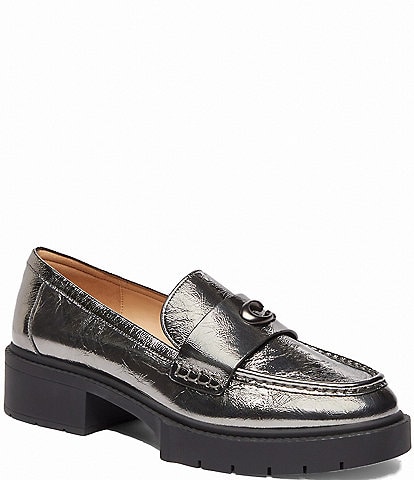 COACH Leah Metallic Leather Lug Sole Block Heel Platform Loafers