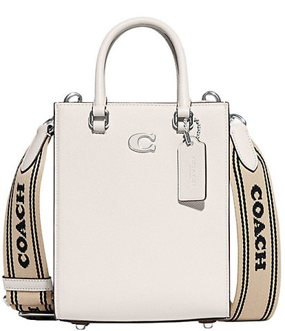 COACH Logo Web Strap Leather Chalk White Silver Tone Crossbody Satchel Bag