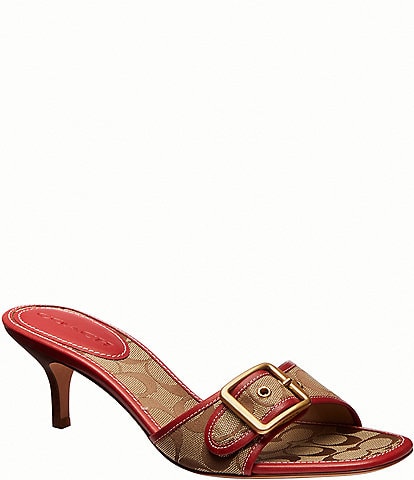 COACH Margot Signature Jacquard Leather Slip On Kitten Heel Sandals