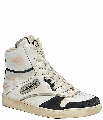 COACH Men's Distressed Leather and Suede High Top Retro Sneakers