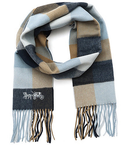 COACH Wool Multicolored Check Muffler Fringe Scarf
