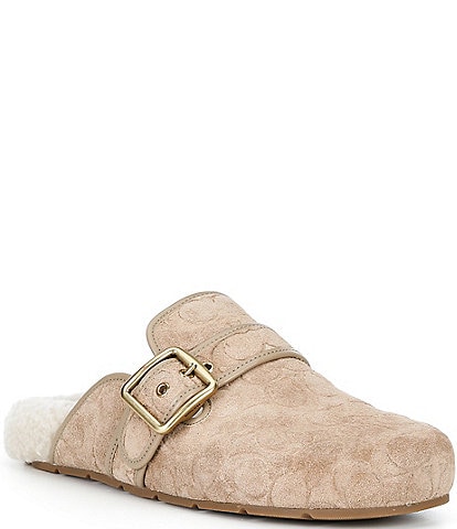 COACH Shearling Leather Buckle Logo Clogs