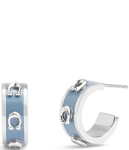 COACH Signature C Enamel Huggie Silver Metal Hoop Earrings