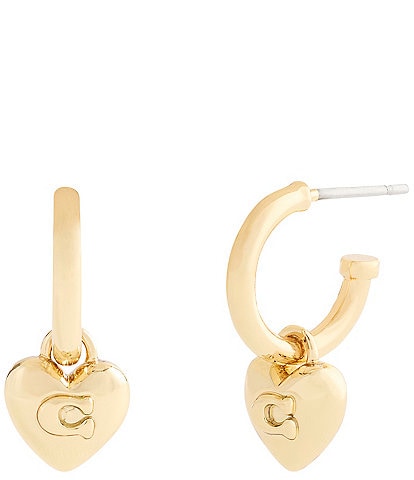 COACH Signature C Puffy Heart Charm Drop Huggie Hoop Drop Earrings