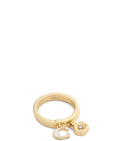 COACH Signature C Tea Rose Charm Duo Stacked Ring Set