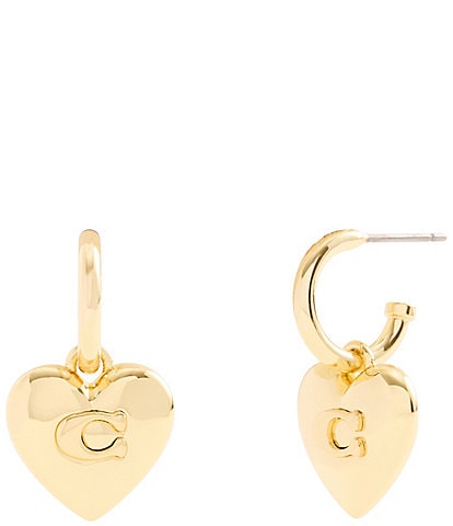 COACH Signature Heart Charm Huggie Hoop Earrings