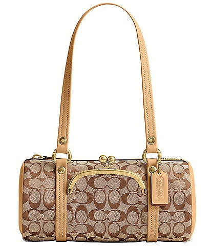 COACH Signature Jacquard Kisslock Handle Barrel Shoulder Bag 28