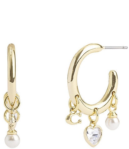 COACH Signature Pearl Crystal Charm Hoop Earrings