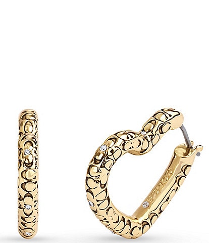 COACH Signature Logo Quilted Crystal Heart Hoop Earrings