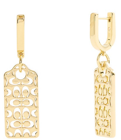 COACH Signature Quilted Cut-Out Hangtag Charm Huggie Hoop Earrings