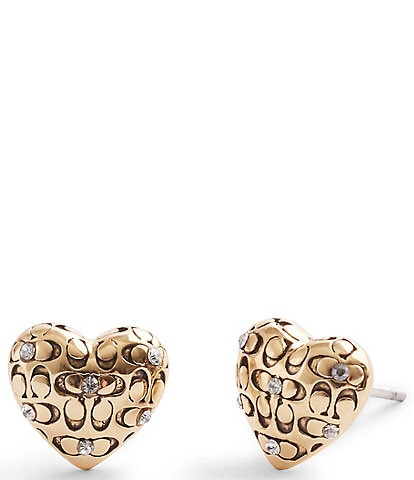 COACH Signature Logo Quilted Heart Crystal Stud Earrings