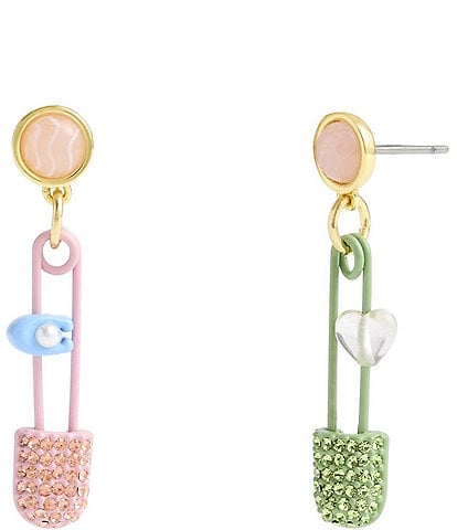COACH Signature Safety Pin Rhinestone Mismatched Drop Earrings