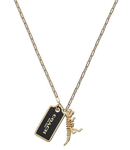 COACH Signature Tag and Dinosaur Charm Long Pendant Necklace