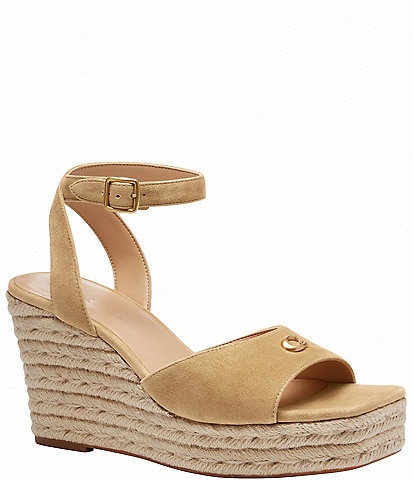 COACH Suede Signature Logo Platform Espadrille Wedge Sandals
