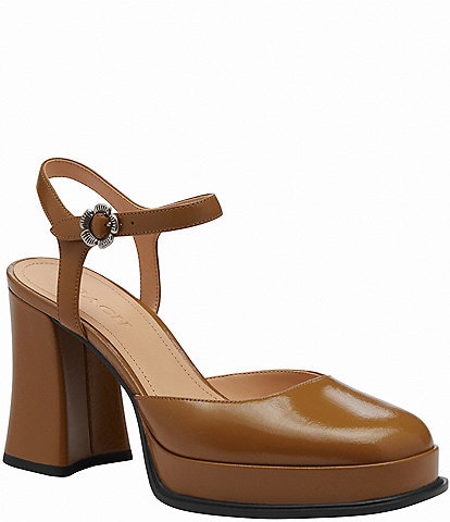 COACH Tea Rose Patent Leather Ankle Strap Block Heel Pumps