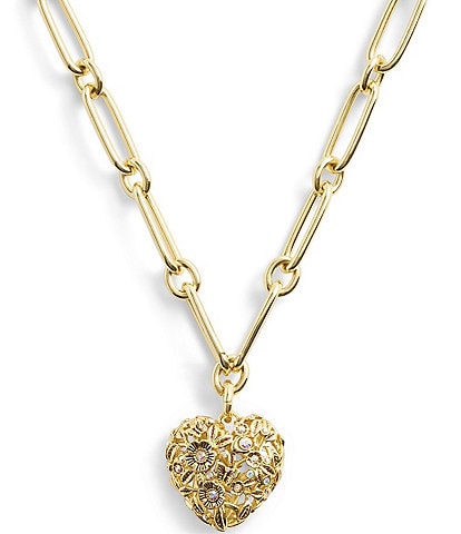 COACH Vintage Crystal Heart Signature Statement Short Pendant Chain Necklace