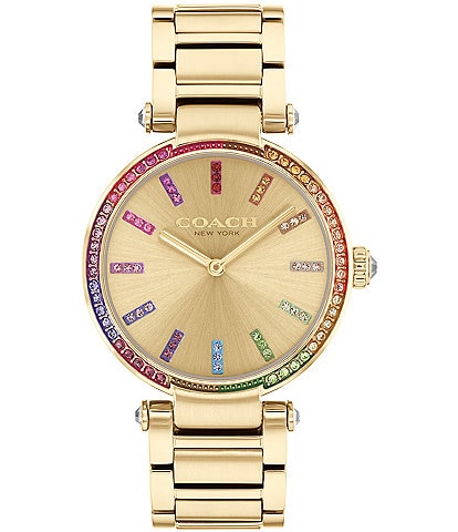 COACH Women's Cary Quartz Analog Rainbow Crystal Pave Gold Tone Stainless Steel Bracelet Watch